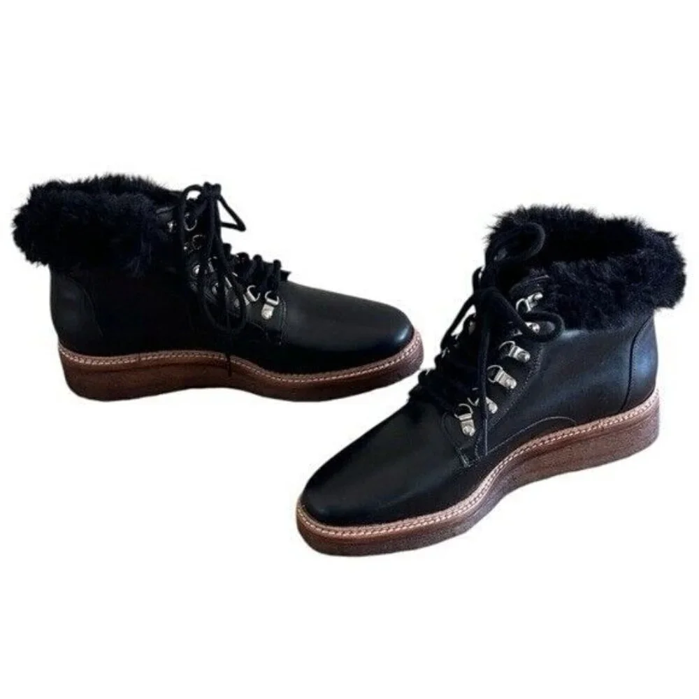 BOTKIER Winter Hiking Boots Faux Fur Collar Black Leather